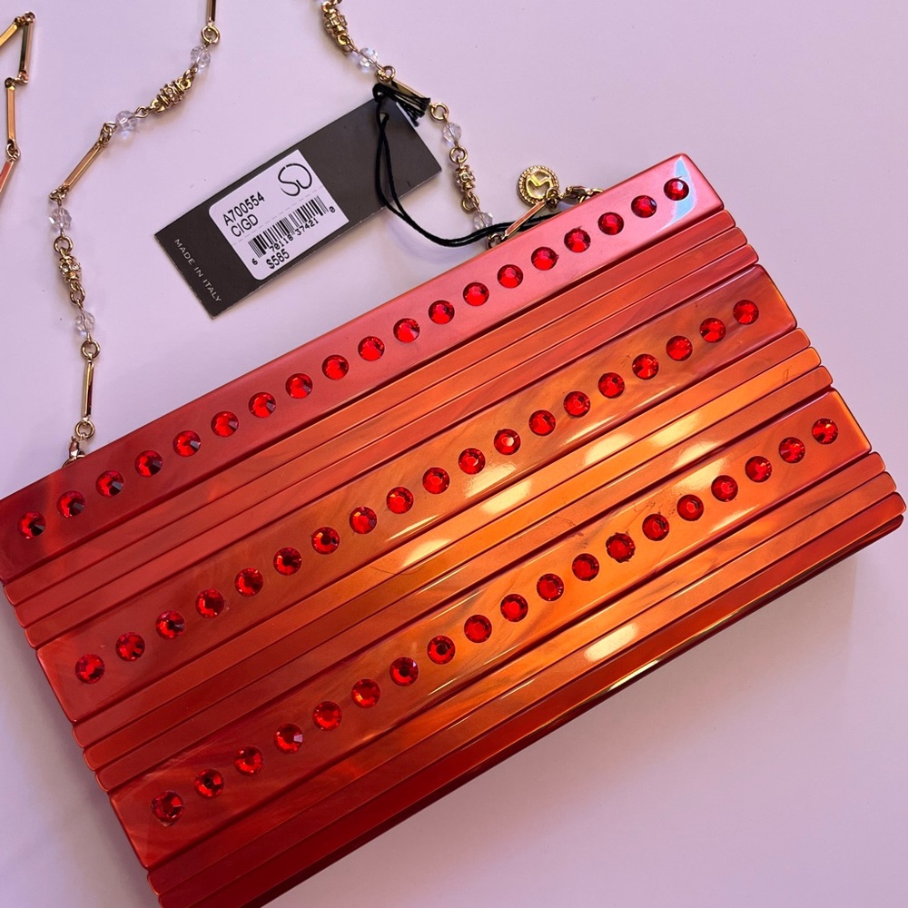 St. John Red Studded Clutch with Gold Chain Made in Italy - Picture 3 of 9